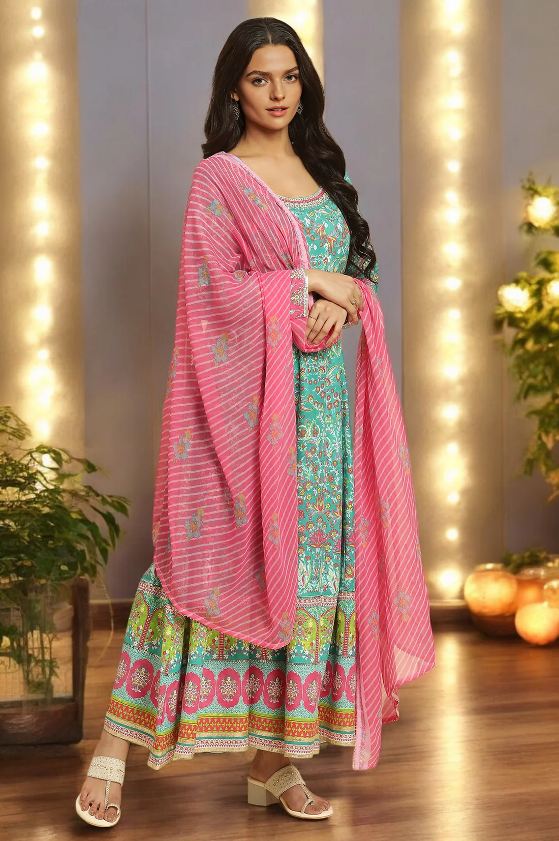 Teal Green Anarkali Printed Kurta